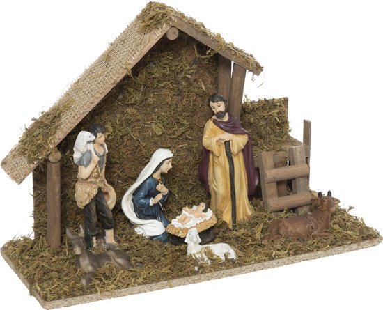 Feeric Christmas Complete kerststal - L20 x B12 x H30 cm - met 7x kerst beelden - polyresin