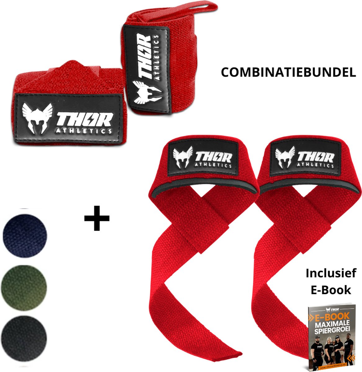Thor Athletics Lifting Straps incl. Wrist Wraps 60cm (Extra Sterk) - Combinatie Bundel - Krachttraining Accessoires - Powerlifting Straps - Polsbrace - Rood - Inclusief E-Book - One Size