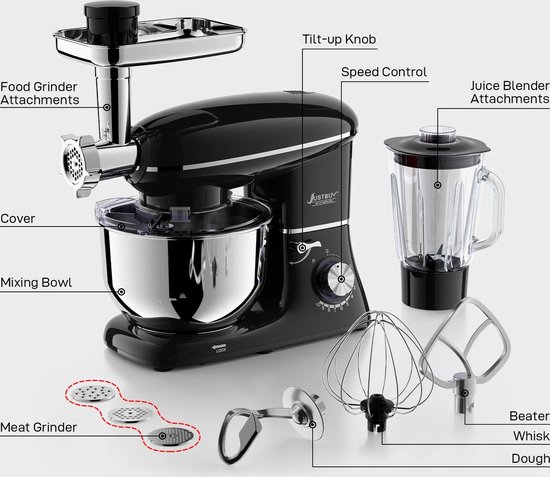 Ariqo 3-in-1 Keukenmachine - Keukenmixer met Mengkom - 1500W - 6 Standen - Brood, Vleesmolen, Smoothie, Garde - 5.5L - Zwart van Ariqo — afbeelding 2