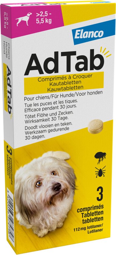 Doos AdTab kauwtabletten voor honden van 2,5 tot 5,5 kg. Met afbeelding van een witte hond. 3 tabletten.