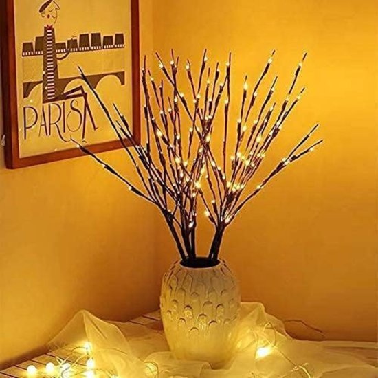 Bruine lichttakken met warmwitte LED's in een witte vaas, met 'PARIS' poster op de achtergrond.