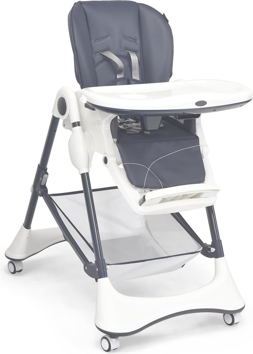 Image of 4-in-1 opvouwbare kinderstoel, mobiele kinderstoel met ligfunctie, verstelbare rugleuning, 5-punts veiligheidsgordel, verwijderbare dubbele lade, opbergmand voor baby's tot 36 maanden