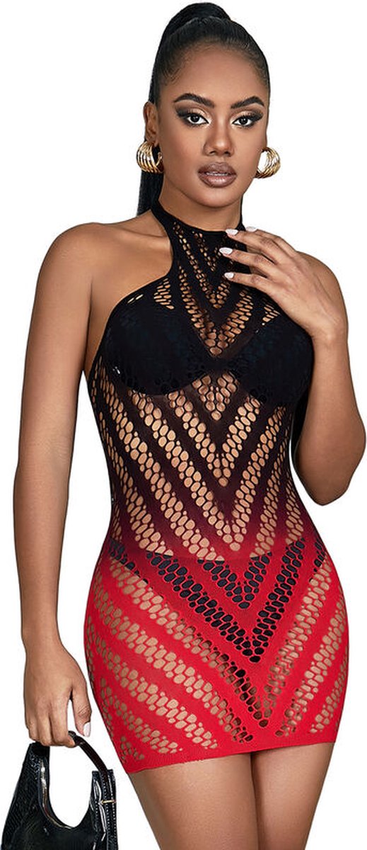 SUBBLIME - 952242 ROOD EN ZWART GEDEGRADEERD ELASTISCH VISNET BODYSTOCKING ONE SIZE | LINGERIE | EROTISCHE LINGERIE | EROTISCHE BODY