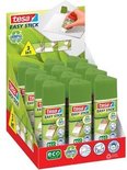 Boîte d'exposition de bâtons de colle Tesa Easy Stick, tous avec capuchon vert et base rouge.