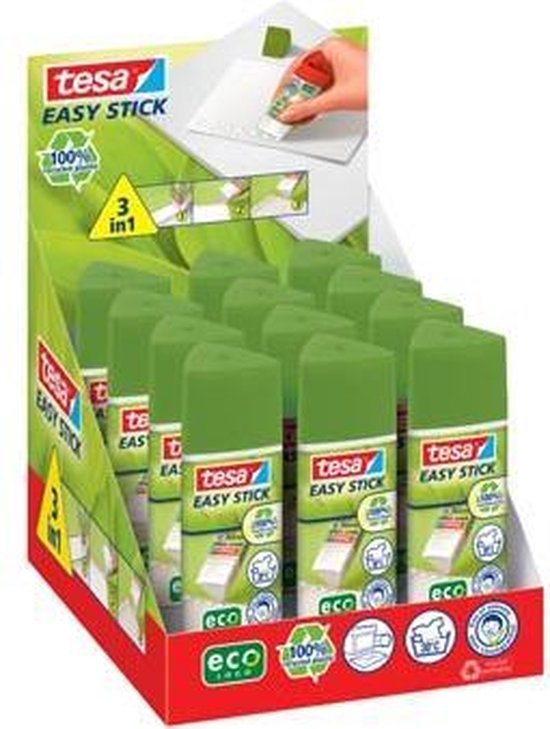 Boîte d'exposition de bâtons de colle Tesa Easy Stick, tous avec capuchon vert et base rouge.