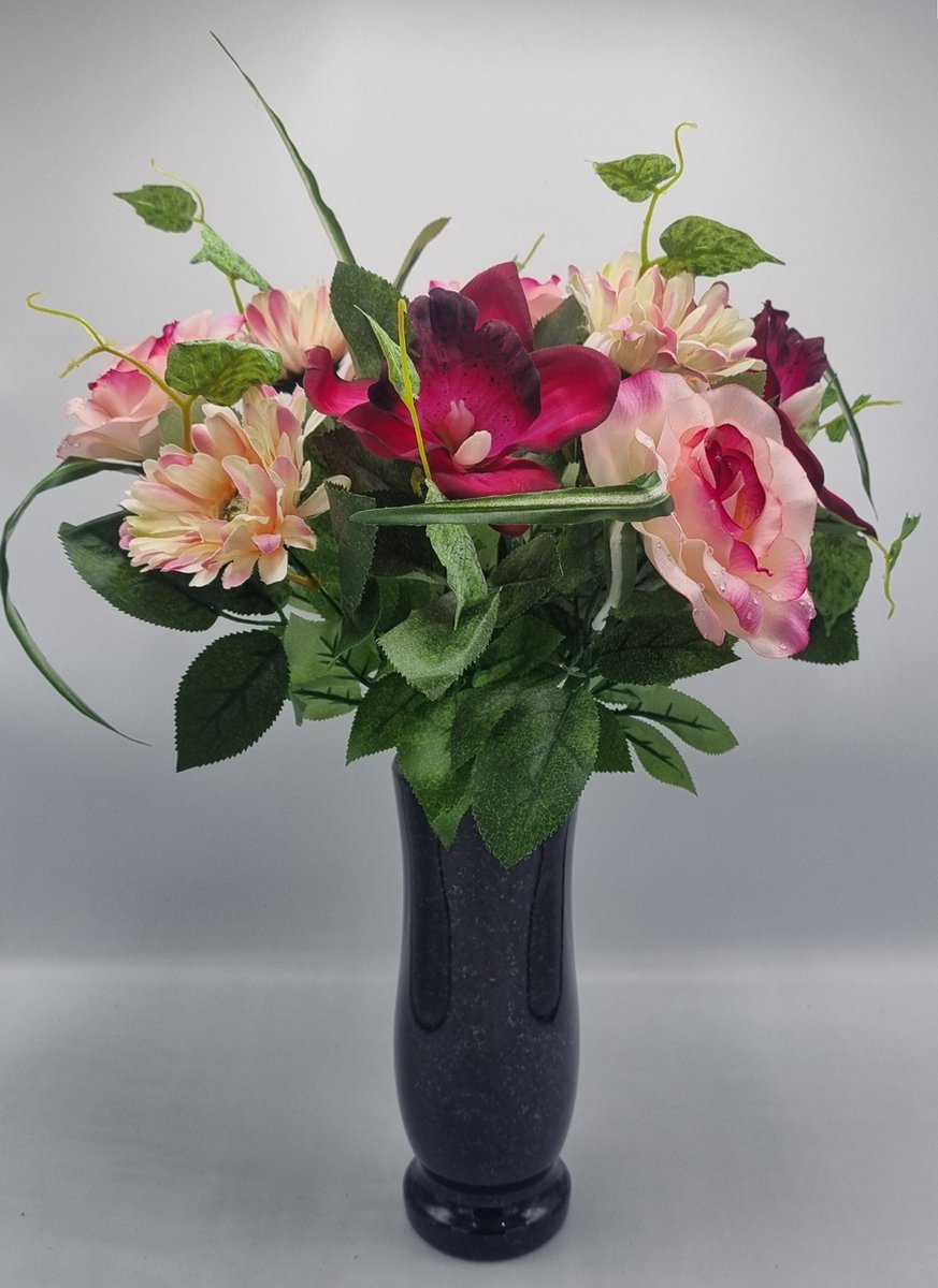 Boeket - U514-m1/2 - Roos - Gerbera - Orchidee - 45cm - Roze - 11 bloemen - Grafdecoratie - Zijdenbloemen - Kunstbloemen