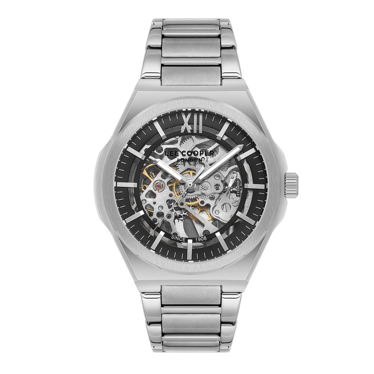 Lee Cooper LC08051.350 - Horloge - Polshorloge - Analoog - Automatisch - Mannen - Heren - stalen band - Overig (vorm) - Metaal - Skeleton - Strepen - Romeinse Cijfer - Zilverkleurig - Zwart