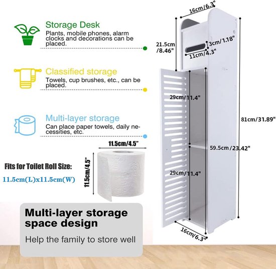 Relaxdays toilet roll holder standing, bathroom cabinet HBD 75.5 x 18.5 x 18.5 cm, MDF & bamboo, narrow toilet cabinet, white