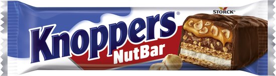 Knoppers NutBar verpakking met een zichtbare doorsnede van de reep met hazelnoten, karamel en chocolade.