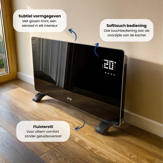 Gologi Elektrische Kachel - Verwarming elektrisch - Convectorkachel met thermostaat - Werkt via App en touch bediening - Tot 25m2 - 2000 watt - Zwart