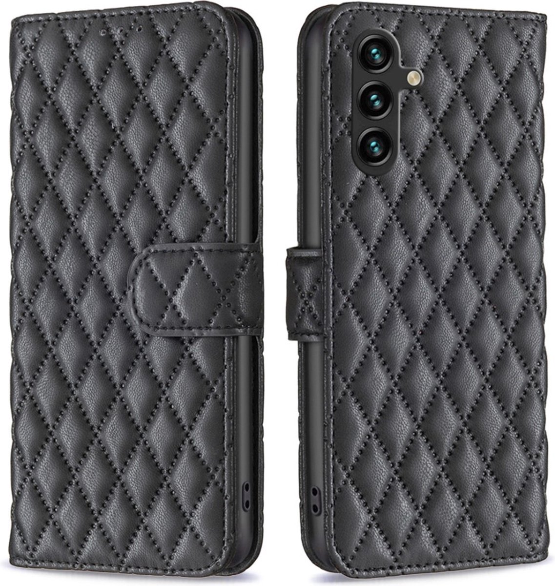 BINFEN Hoesje - Geschikt voor Samsung Galaxy A05s Hoesje - BINFEN Rhombus Book Case - Zwart