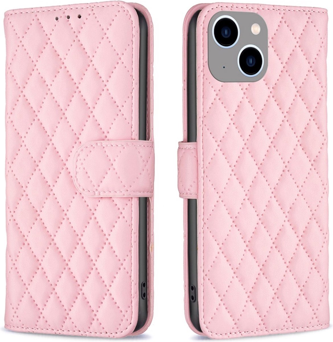 BINFEN Hoesje - Geschikt voor iPhone 15 Hoesje - BINFEN Rhombus Book Case - Roze
