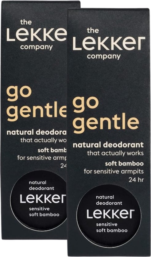 Twee verpakkingen 'go gentle natural deodorant' van The Lekker Company, zacht bamboe, 24 uur.