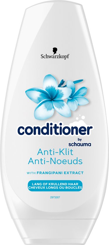 Schwarzkopf conditioner anti-klit fles met blauwe bloemen en 'by schauma' logo.