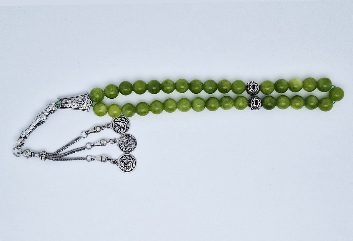 Handgemaakte tesbih "tasbih" natuursteen " Kraal Koreaanse jade" - Aantal kralen 33 - Diameter kralen 10 MM - met metaal tassel "model 7" - Een mooi cadeau-idee