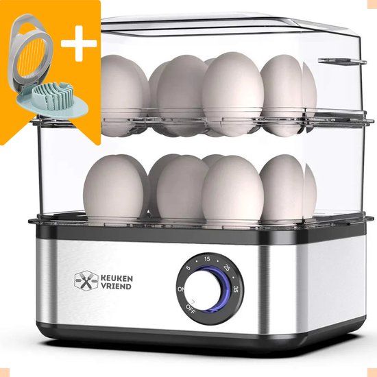 Keukenvriend© Eierkoker met timer en zoemer - eierkoker electrisch - 1 tot 16 eieren - *Inclusief eiersnijder* - Perfect voor op kantoor - 500W - XXL eierkoker - Stoomfunctie - Ook geschikt voor groenten