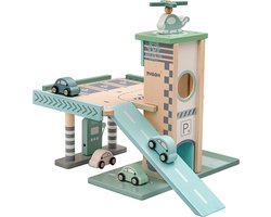 Houten Parkeergarage & Tankstation met Lift , Helikopterplatform, Reparatiewerkplaats een Autowasstraat - Cadeau kinderen - Houten Speelgoed