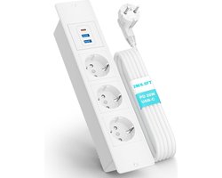 StayPowered Inbouwstekkerdoos - Opladen en Organiseren zonder Rommel - USB C Snelladen - 2 USB Poorten - 3 Stopcontacten - 2m Lang Snoer - Eenvoudige Installatie - Ideaal voor Bureau of Tafel - Compact Design - Wit - Levering Sneller dan Aangegeven!