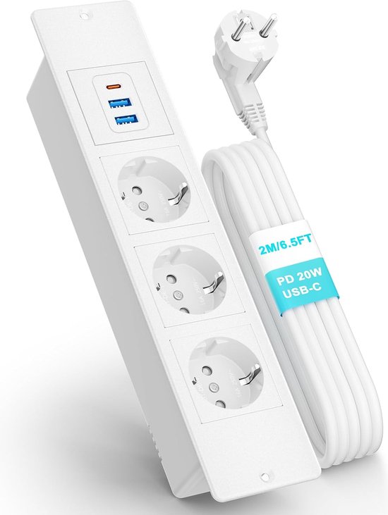 StayPowered Inbouwstekkerdoos - Opladen en Organiseren zonder Rommel - USB C Snelladen - 2 USB Poorten - 3 Stopcontacten - 2m Lang Snoer - Eenvoudige Installatie - Ideaal voor Bureau of Tafel - Compact Design - Wit - Levering Sneller dan Aangegeven!