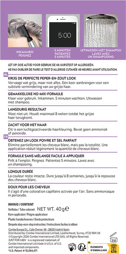 Instructies voor haarverf: Inkammen, 5 minuten wachten, uitwassen. Voor een peper-en-zout look.