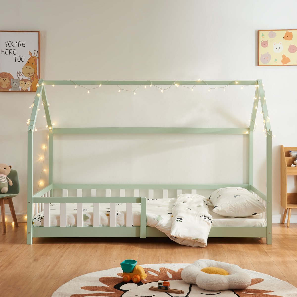 Kinderbed Hesel huisbed met matras en uitvalbeveiliging 90x200 cm mint [en.casa] [neu.haus]