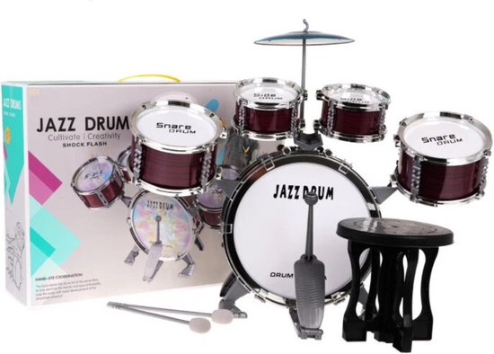 Playos® - Drumstel - Rood 2.0 - Inclusief Kruk - 67 cm - met Lichteffecten - Peuters en Kleuters - Kinderen - Muzikaal Speelgoed - Drumset - Jongens en Meisjes