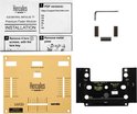 Installatiehandleiding en onderdelen voor Hercules DJ-mixer: gouden fader module, zwarte printplaat, sleutel.