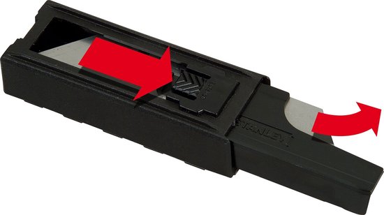 Een zwarte Stanley reservemeshouder met rode pijlen die de werking aangeven.