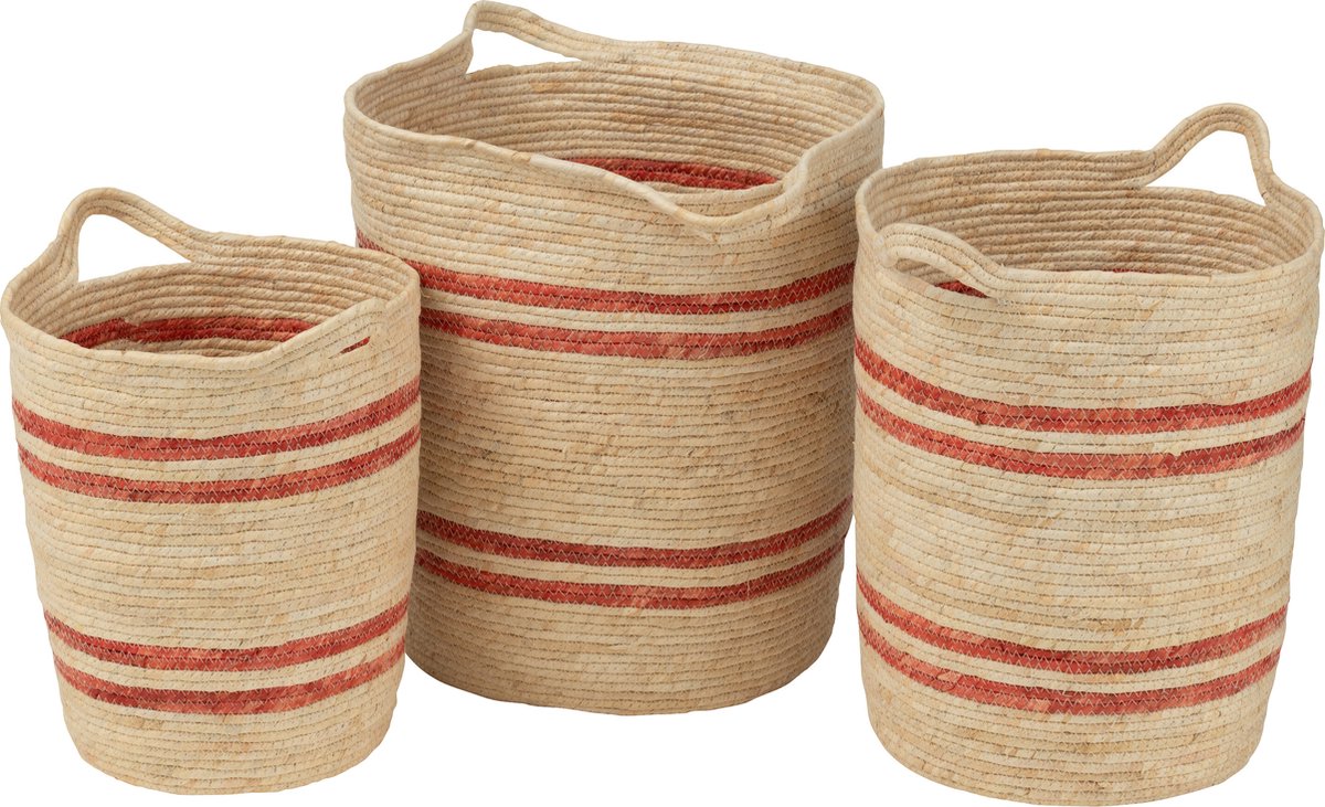 J-Line mand strepen+handvat maïs - textiel - naturel/rood - set van 3