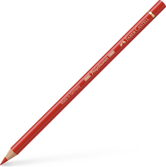 Un crayon rouge Faber-Castell Polychromos, '117 cadmiumrood fel', avec des détails dorés.
