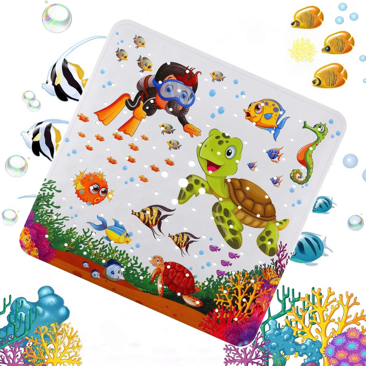 Goedkoopste Douchemat antislip douche badmat kind en baby - duiker schildpad vissen oceaan onderwater - anti slip mat - baby's kinderen - antislipmat - prachtig kinderbadmat babybadmat douchemat badkamer - wasbaar