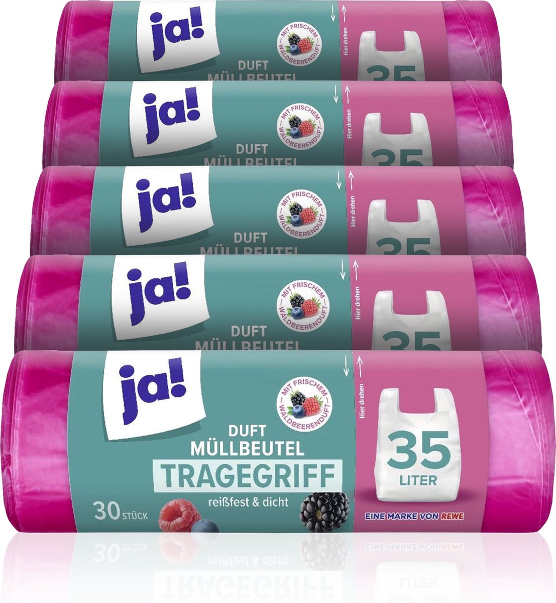 Goedkoopste Ja! | 5 x 30 pedaalemmerzakken met geur | 35 liter | Bosvruchten geur | 150 afvalzakken | met handvaten | multipack |