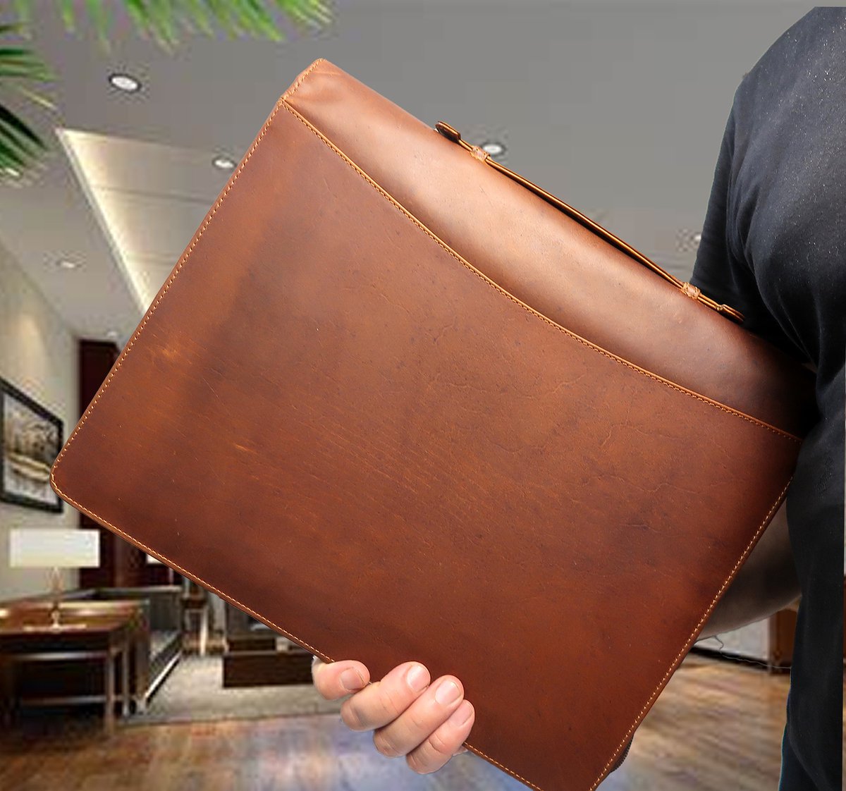 Handgemaakte Lederen schrijfmap A4 - Zakelijke portfolio Laptop tot 14" - A4 conferentiemap voor de veeleisende gebruiker- schrijfmap van tijdloze elegantie -Hoogste kwaliteit leren map met ritssluiting - Cadeautje voor hem