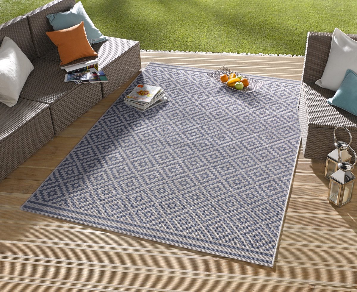 flycarpets Laagpolig vloerkleed - Binnen en buitenkleed - Raute - Blauw 80x150 cm