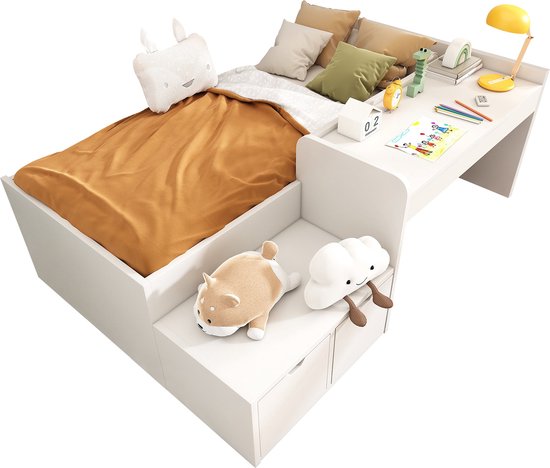 Lit enfant Merax 90x200 cm - Massief Hout - Bureau avec tiroirs de rangement - Wit - Lit Stauraumbed - Convient aux Garçons et Filles (matelas non inclus)
