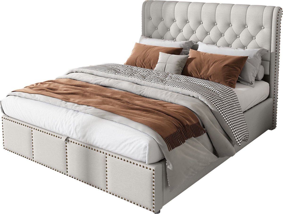 Merax Gestoffeerd Bed 160x200 cm - met Hydraulische Opslag - Nietenversiering - Grijs - zonder Matras