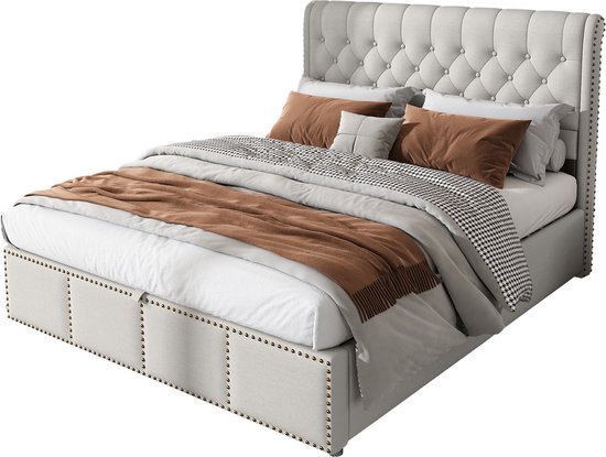 Lit Rembourré Merax 160x200 cm - avec Rangement Hydraulique - Décoration Agrafes - Grijs - sans Matras