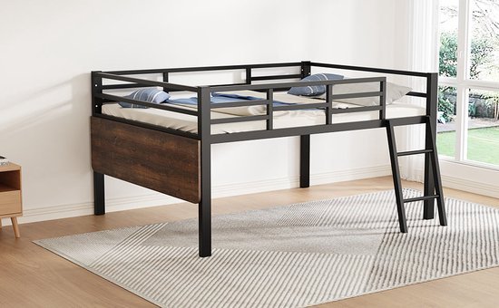 Merax Half Hoogslaper 140x200 Cm Metalen Bed Met Inklapbaar Bureau 