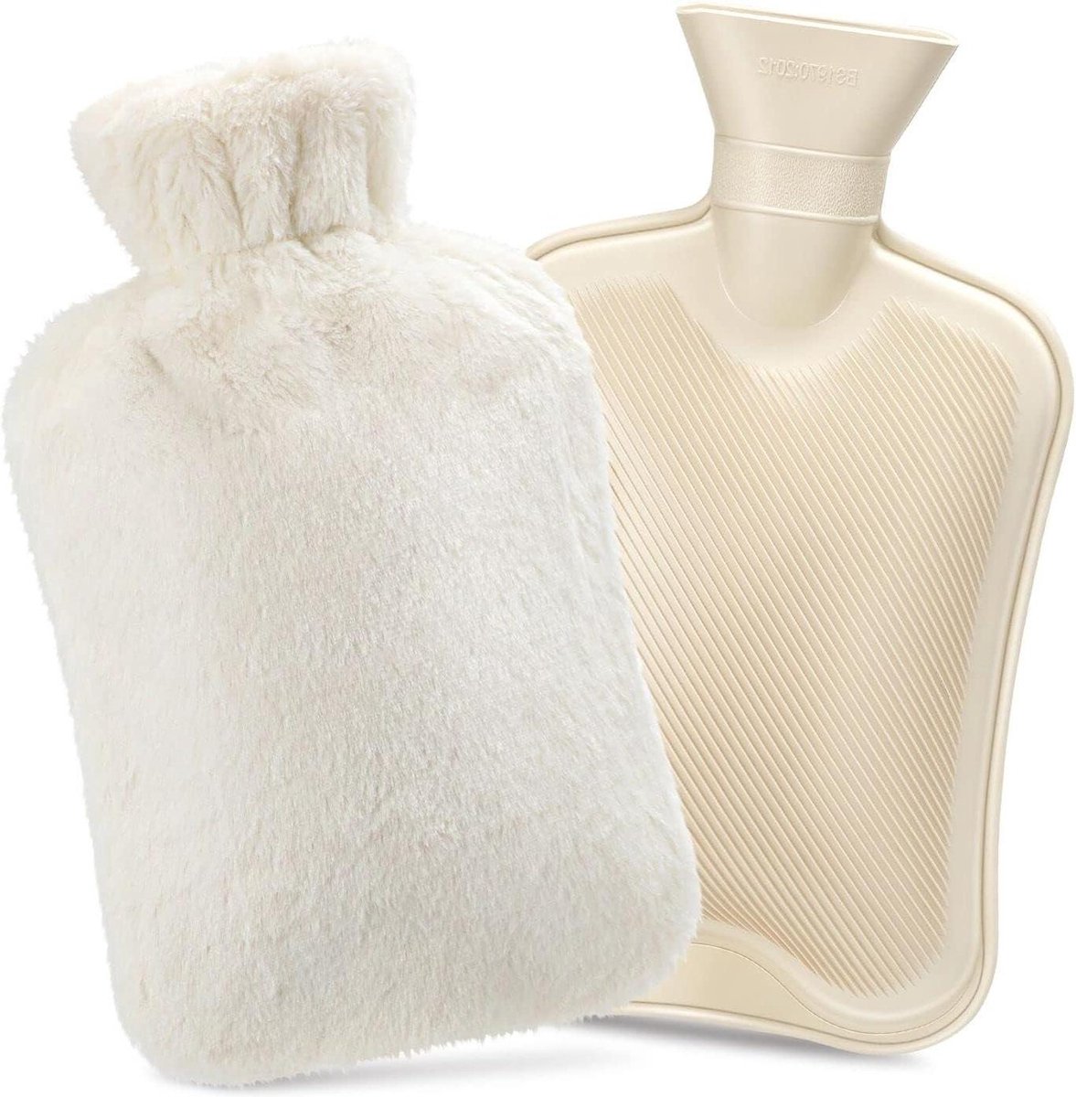 Grote capaciteit warmwaterkruik 2 l premium natuurlijk rubber hoesharig nepbont pijnverlichting cadeau-idee - wit