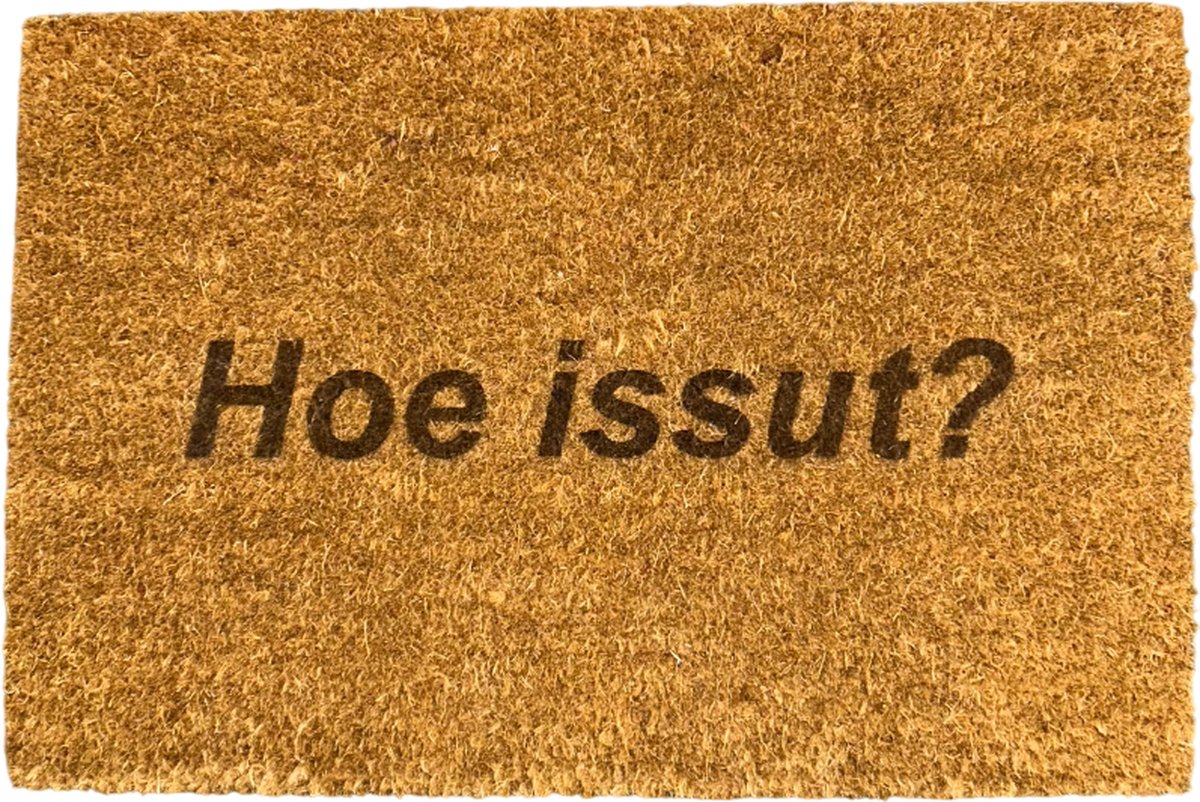 Deurmat met tekst - Deurmat kokos - Deurmat binnen - Hoe issut? - 40x60 cm - Kleur bruin - Humor - Kokosmat - Grappig