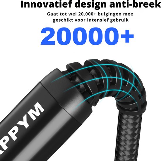 Zwarte kabel met blauwe lijnen die buigen, 'Innovatief design anti-breek' en '20000+' buigingen.