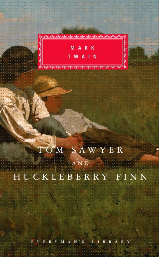 Boekomslag van "Tom Sawyer and Huckleberry Finn" door Mark Twain, met twee jongens in een grasveld.