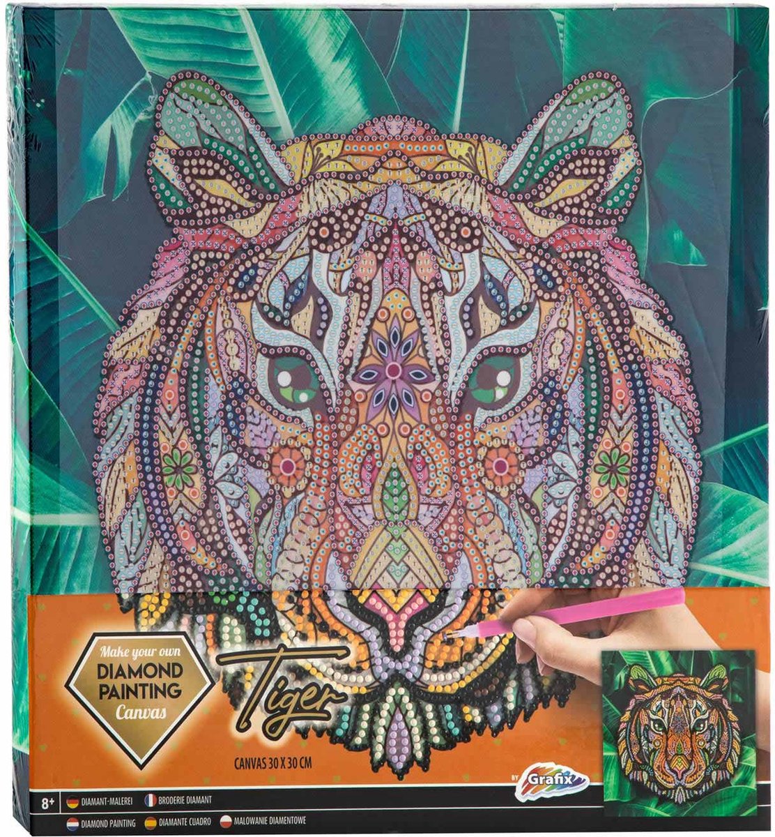 Grafix Diamond Painting Op Canvas | Tijger | Formaat 30x30cm | diamond painting pakket volledig | Thema Dieren | Diamond painting op canvas | Inclusief Diamond painting pen en schudbakje | Eindresultaat ophangen aan de muur — afbeelding 6