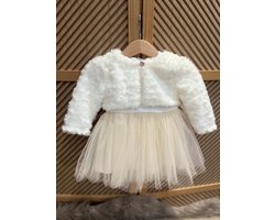luxe feestjurk-bruidsjurk-doopkleding-tule jurk met jasje-bloemenmotief-baby jurk-tutu rok- tweedelige set- katoenen jurk met steentjes en bloem-bruidsmeisjes-doopsel-bruiloft-verjaardag-foto shoot- wit donkerbeige kleur - maat 80 - 9 tem 12 maanden