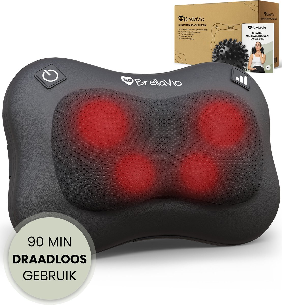 Afbeelding van BrellaVio Draadloos Massagekussen + Massagebal - Massage Apparaat met Infrarood Warmte - Verstelbare Stoelbevestiging - Elektrisch Nekmassage Apparaat voor Nek - Schouder - Rug - Voeten - Shiatsu Massage Apparaten