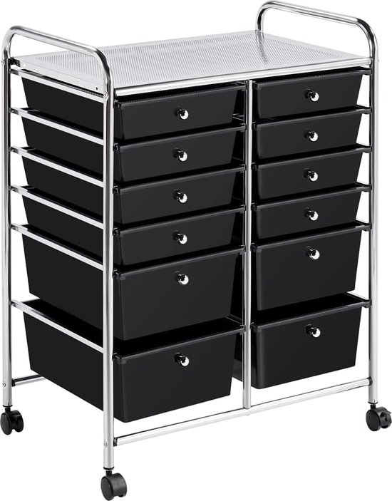 GIANTEX Rolwagen met 12 stapelbare laden, ladewagen met wielen en werkblad, badkamerrolwagen voor woonkamer, keuken, slaapkamer en kantoor, 64 x 38 x 62 cm (zwart grijs