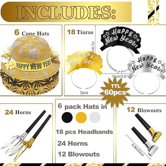Set Van 2 Glitter Haarbanden – 'Happy New Year' – Goud Met Strass – Feestelijke Tiara Voor Oud En Nieuw En Kerst