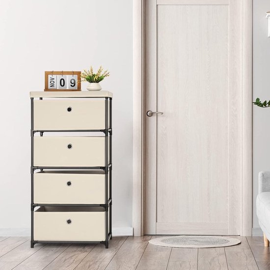 LIANTRAL Ladekast met 4 niveaus, metalen frame, verticale stoffen dressoir, grote capaciteit opbergorganizer voor slaapkamer, woonkamer, hal en kast (gebroken wit