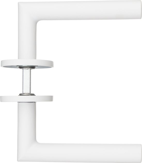 Witte deurklink met ronde rozetten, op een zwarte achtergrond.