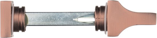 Mechanisme van een koperkleurige deurklink met metalen stift.